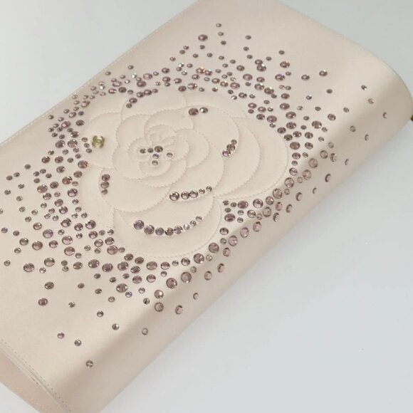 CHANEL Chain Stone Camelia Shoulder Bag Satin Pink CC Auth - Picture 13 of 16